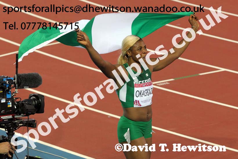 Blessing Okagbare (Nigeria) after winning the 100 metres at the Commonwealth Games, Glasgow. Photo: David T. Hewitson/Sports for All Pics